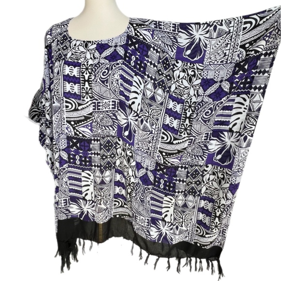 0122/ Black Purple Patterns Poncho with fringed, Tropical Pattern Poncho - Picture 8 of 11